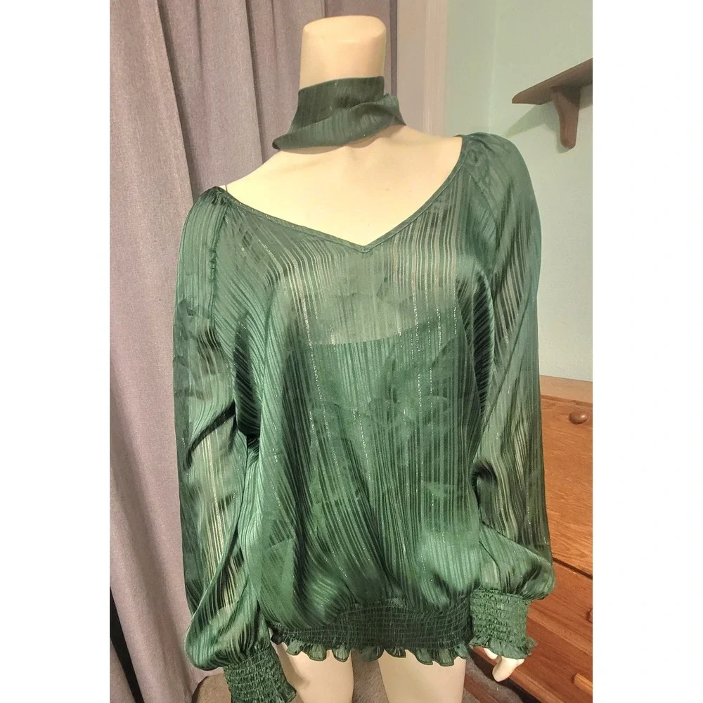 Ashley Stewart Sz 2X (18/20) Emerald Green Long Balloon Sleeve Smocked Hem Scarf - Picture 1 of 7
